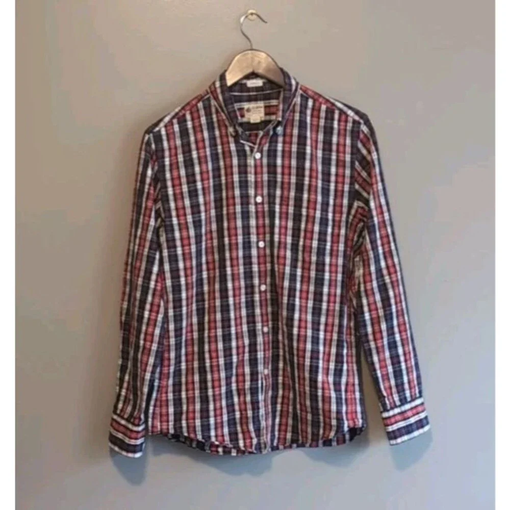 J. Crew Mens Small S Red Purple Tartan Plaid Dress Shirt Tailored Fit Button Up